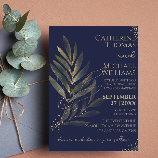 Modern Navy Blue Gold Leaf Wedding Monogram Invitation (Creator Uploaded)