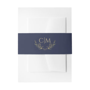 Modern Navy Blue Gold Leaf Wedding Monogram Invitation Belly Band