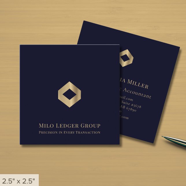 Modern Navy Blue Gold Logo Square Business Card (Creator Uploaded)