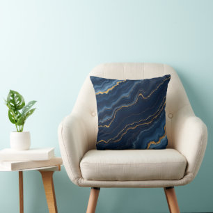 Modern Navy Blue Gold Marble Collection Throw Pillow