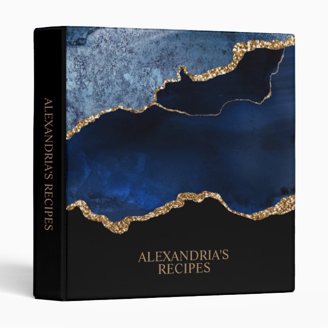Modern Navy Blue Gold Marble Glitter Custom Recipe Binder (Front/Spine)