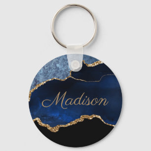 Modern Navy Blue Gold Marble Glitter First Name Keychain