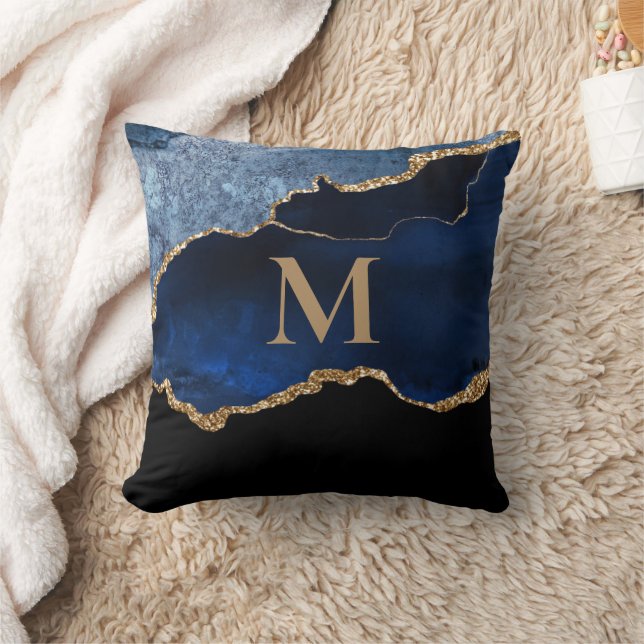 Modern Navy Blue Gold Marble Glitter Monogram  Thr Throw Pillow (Blanket)