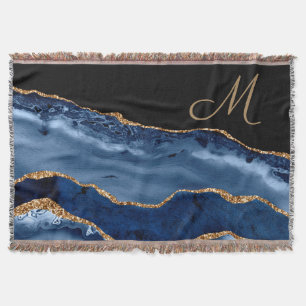 Modern Navy Blue Gold Marble Glitter Monogram  Throw Blanket