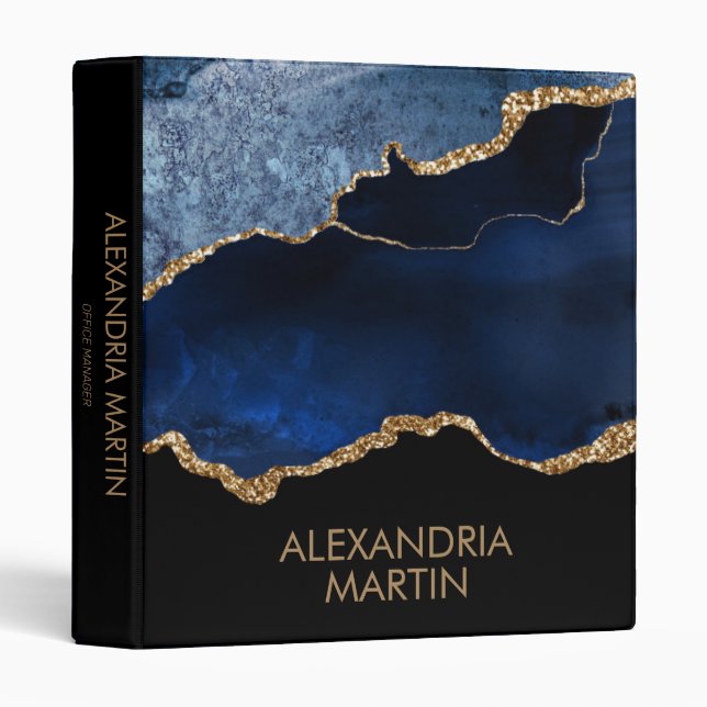 Modern Navy Blue Gold Marble Glitter Office Binder (Front/Spine)