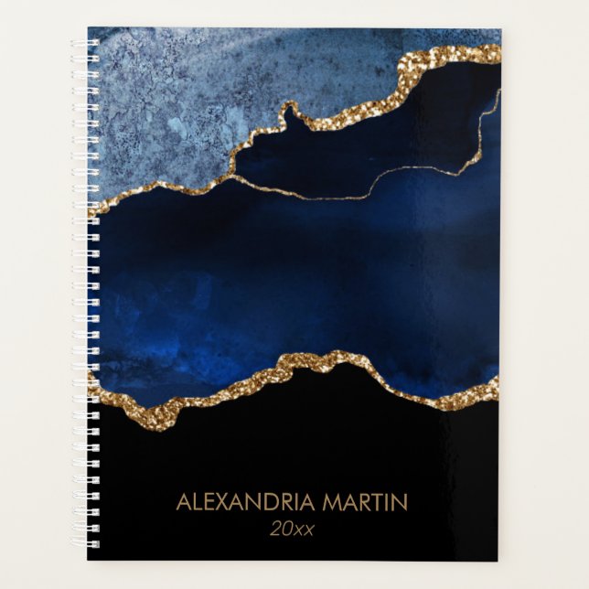 Modern Navy Blue Gold Marble Glitter  Planner (Front)