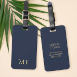 Modern Navy Blue Gold Minimalist Initial Monogram Luggage Tag<br><div class="desc">Create your own personalized monogram luggage tag with custom initials and name in gold colour typography on navy blue background.</div>