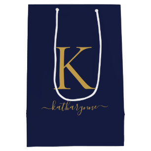 Modern Navy Blue Gold Monogram Name Medium Gift Bag