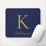 Modern Navy Blue Gold Monogram Script Mouse Pad<br><div class="desc">Modern Elegant Gold Monogram Script on a chic navy blue mouse pad. Easy to customize with your own name and details. Perfect for your modern minimalist yet luxury lifestyle! Please contact us at cedarandstring@gmail.com if you need assistance with the design or matching products.</div>