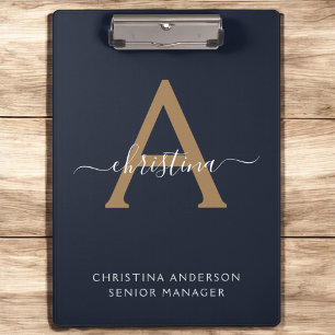 Modern Navy Blue Gold Monogram Script Name Initial Clipboard