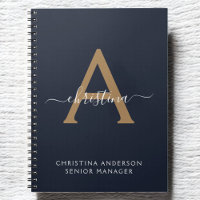 Modern Navy Blue Gold Monogram Script Name Initial