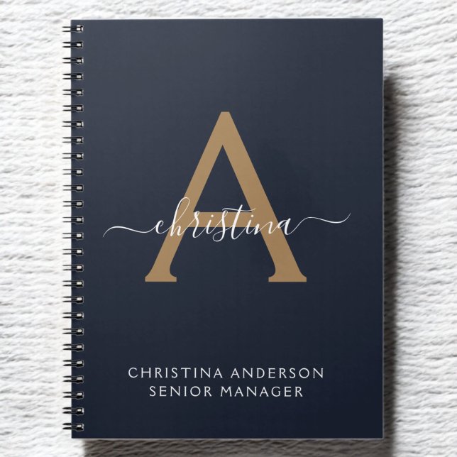 Modern Navy Blue Gold Monogram Script Name Initial Notebook (Creator Uploaded)