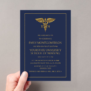 Modern Navy Blue Gold Nursing School RN Graduate Acrylic Invitations