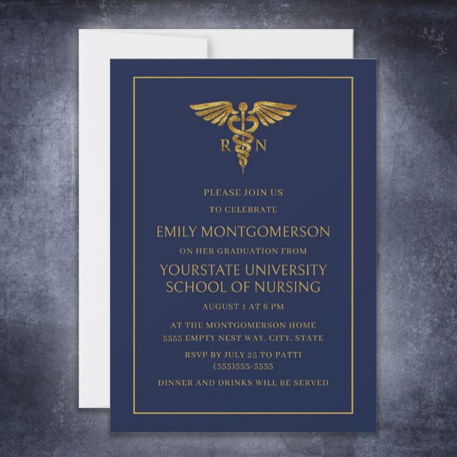 Modern Navy Blue Gold Nursing School RN Graduate Invitation (Creator Uploaded)