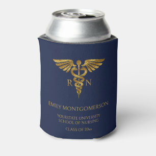 Modern Navy Blue Gold Nursing School RN Graduation Can Cooler