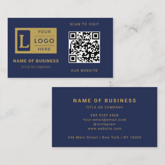 Modern Navy Blue Gold QR Code Custom Logo Business Card