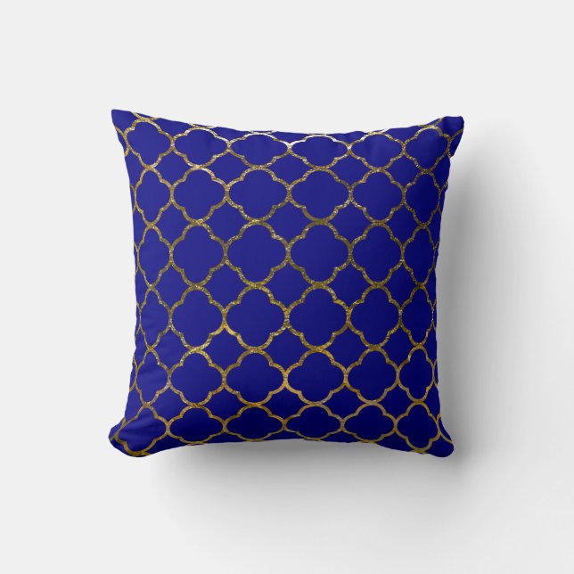 Modern Navy Blue Gold Quatrefoil Pattern Moroccan Throw Pillow (Front)