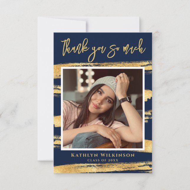 Modern Navy Blue Gold Script Chic Photo Graduation Thank You Card (Front)