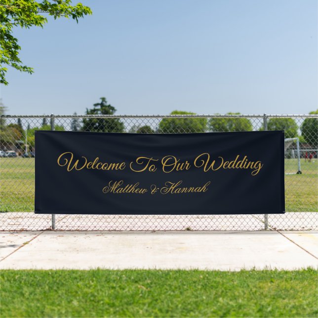 Modern Navy Blue & Gold Script Wedding Welcome Banner (Insitu)