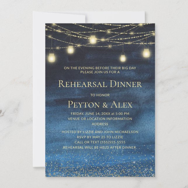 Modern Navy Blue Gold String Lights Rehearsal  Invitation (Front)