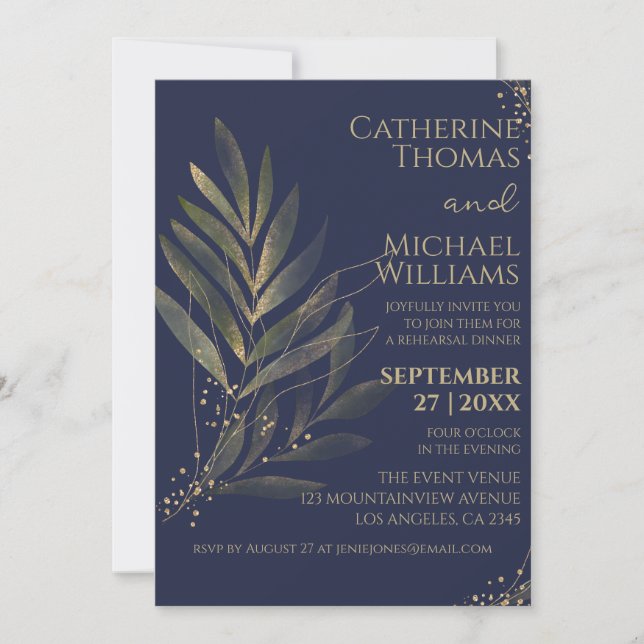 Modern Navy Blue Gold Wedding Rehearsal Dinner Invitation (Front)