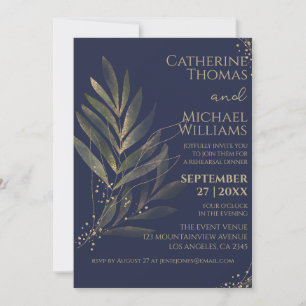 Modern Navy Blue Gold Wedding Rehearsal Dinner Invitation