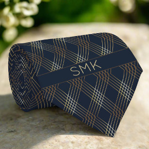 Modern Navy Blue Golden Rhombus Stripe Pattern Tie