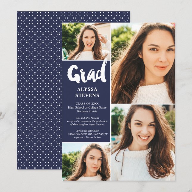 Modern navy blue Grad script 4 photos graduation Invitation (Front/Back)