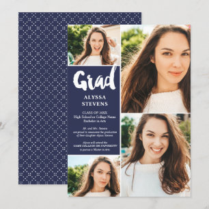 Modern navy blue Grad script 4 photos graduation Invitation