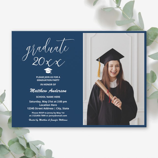 Modern Navy Blue Graduate 2024 Graduation Photo Invitation (Creator Uploaded)