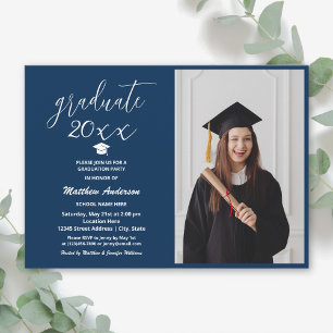 Modern Navy Blue Graduate 2026 Graduation Photo Invitation
