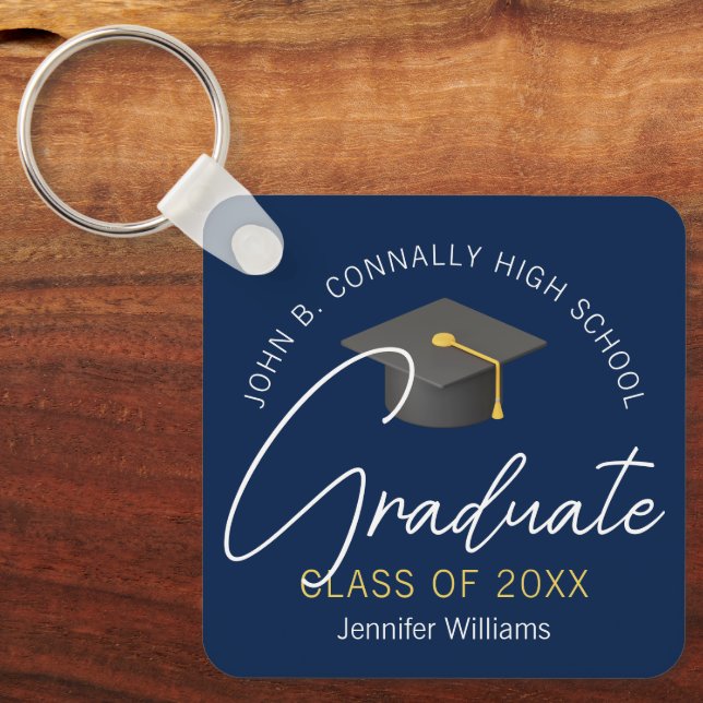 Modern Navy Blue Graduate Custom 2025 Graduation Keychain (Front)