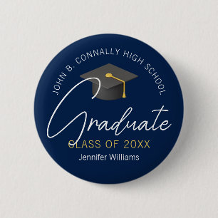 Modern Navy Blue Graduate Custom 20265 Graduation 2 Inch Round Button