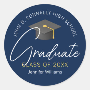 Modern Navy Blue Graduate Custom Graduation Party Classic Round Sticker