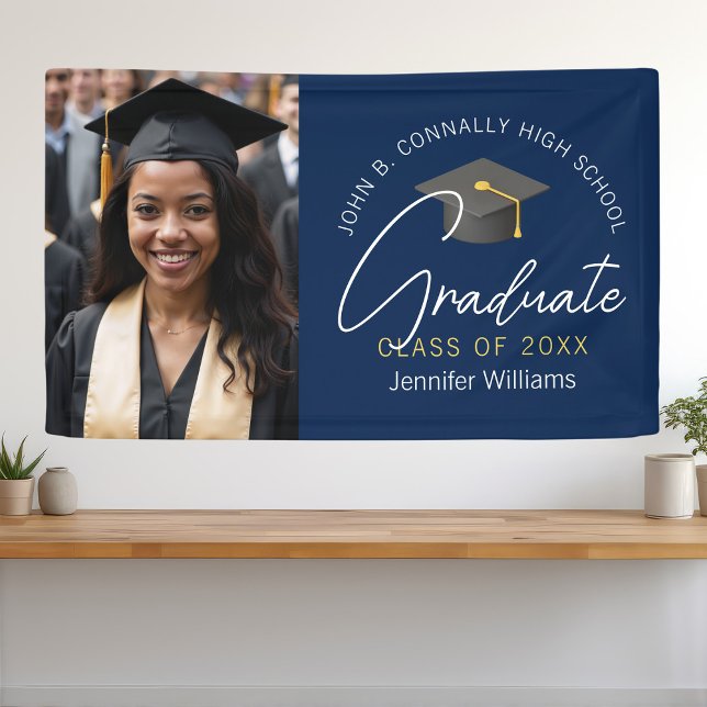 Modern Navy Blue Graduate Photo Graduation Party Banner (Creator Uploaded)