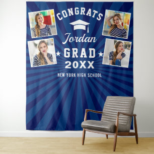 Modern Navy Blue Graduation 4 Photo Booth Backdrop Tapestry