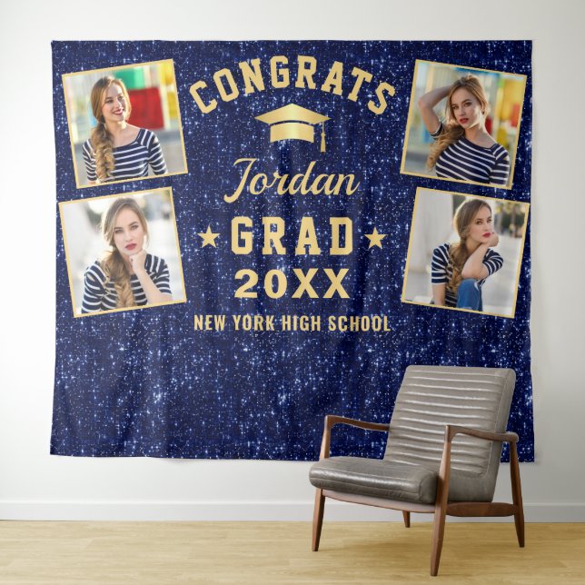 Modern Navy Blue Graduation 4 Photo Booth Backdrop Tapestry (In Situ (Horizontal))