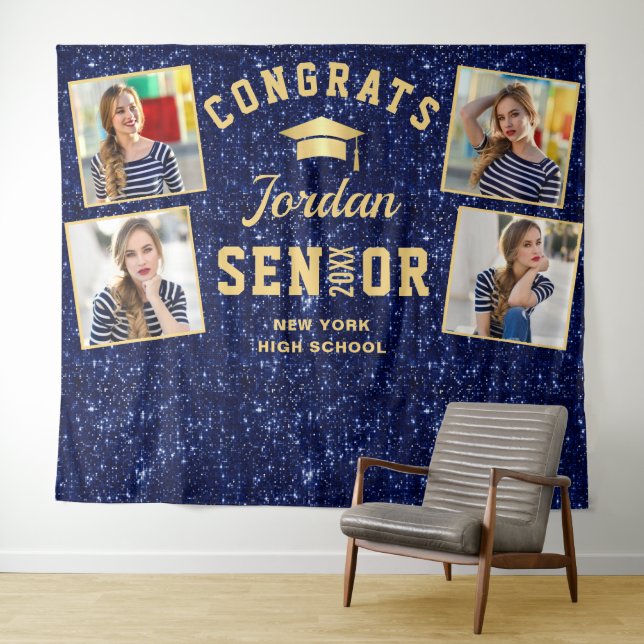 Modern Navy Blue Graduation 4 Photo Booth Backdrop Tapestry (In Situ (Horizontal))