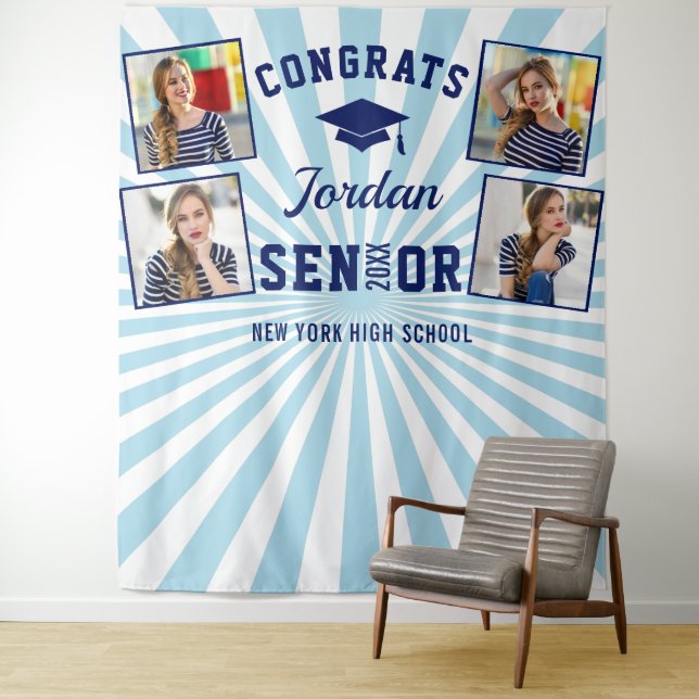 Modern Navy Blue Graduation 4 Photo Booth Backdrop Tapestry (In Situ)