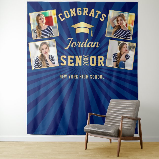Modern Navy Blue Graduation 4 Photo Booth Backdrop Tapestry (In Situ)