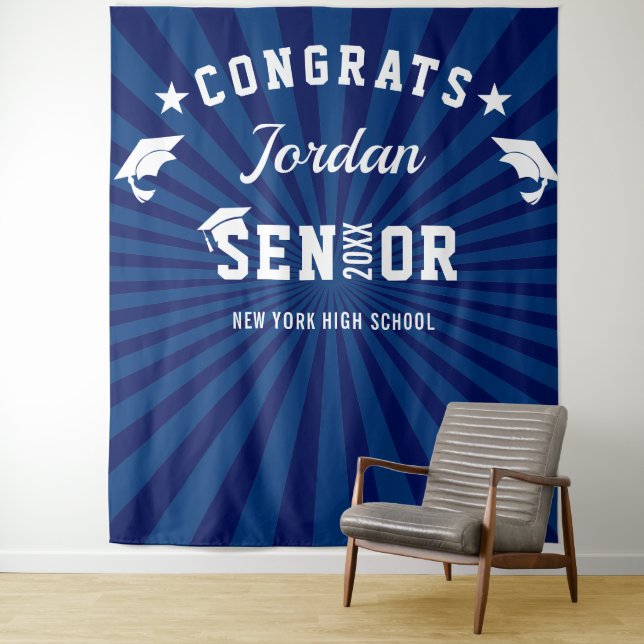 Modern Navy Blue Graduation Photo Booth Backdrop Tapestry (In Situ)