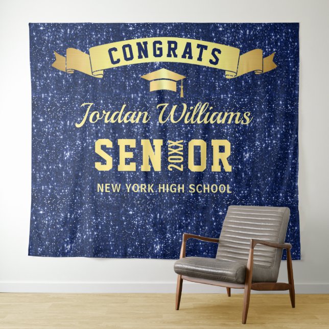Modern Navy Blue Graduation Photo Booth Backdrop Tapestry (In Situ (Horizontal))