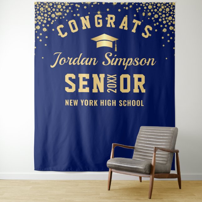 Modern Navy Blue Graduation Photo Booth Backdrop Tapestry (In Situ)