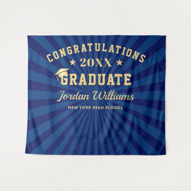 Modern Navy Blue Graduation Photo Booth Backdrop Tapestry (Front (Horizontal))