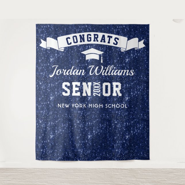 Modern Navy Blue Graduation Photo Booth Backdrop Tapestry (Front)