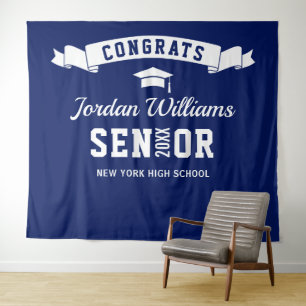 Modern Navy Blue Graduation Photo Booth Backdrop Tapestry