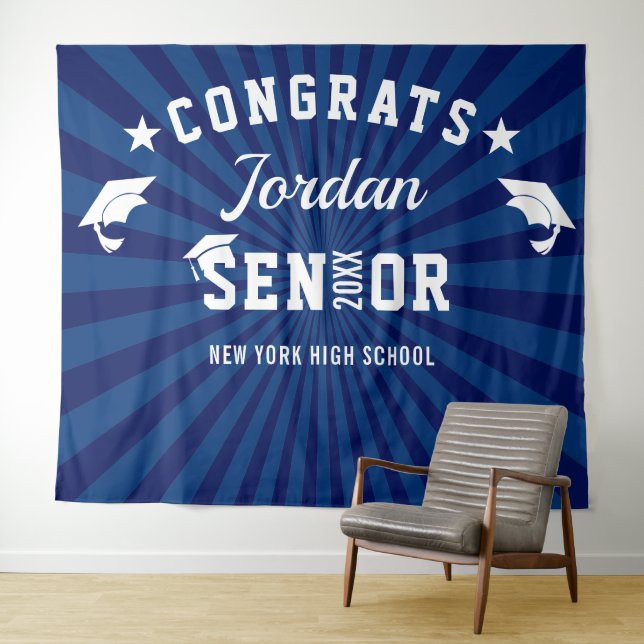 Modern Navy Blue Graduation Photo Booth Backdrop Tapestry (In Situ (Horizontal))