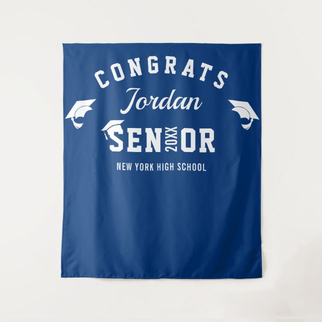 Modern Navy Blue Graduation Photo Booth Backdrop Tapestry (Front)