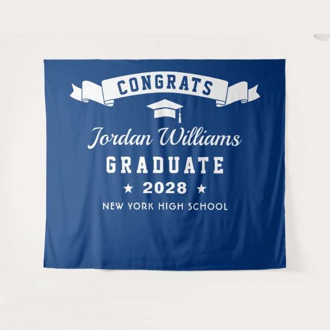 Modern Navy Blue Graduation Photo Booth Backdrop Tapestry (Front (Horizontal))