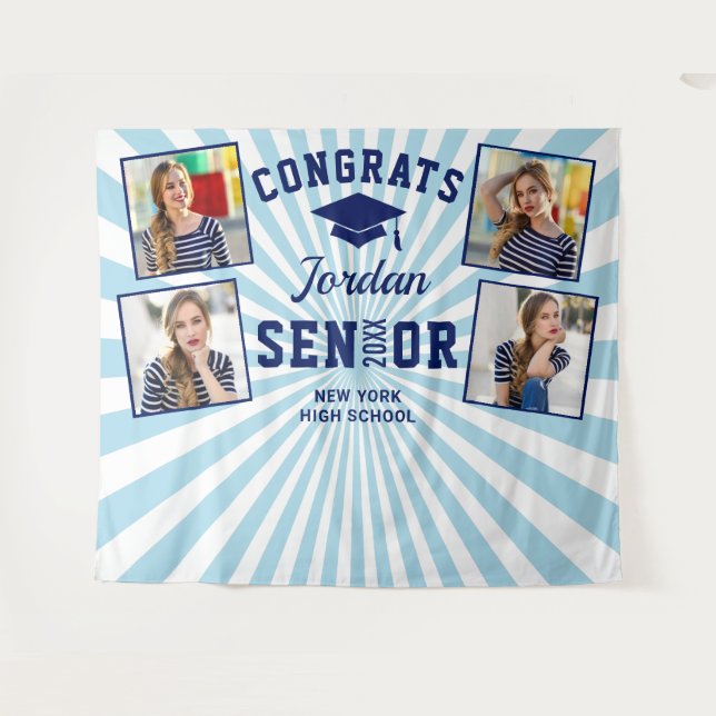 Modern Navy Blue Graduation Photo Booth Backdrop Tapestry (Front (Horizontal))